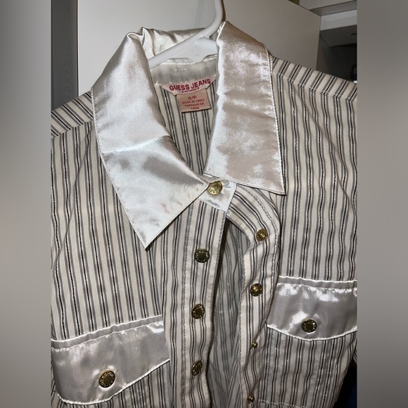White beige striped belt guess button up snap short sleeve dress shirt - Picture 4 of 4